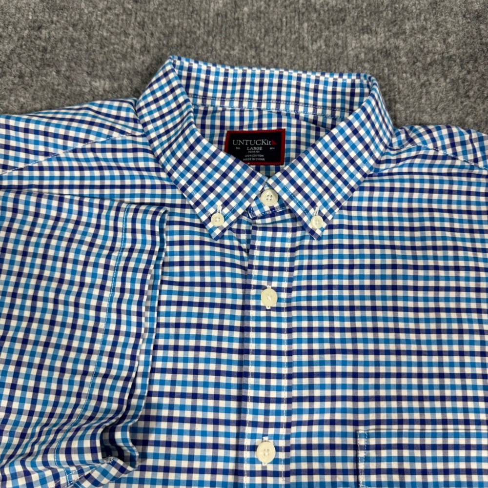 UNTUCKit Manzanilla Slim Fit Shirt Mens Large Blue Gingham 100% Cotton EUC EUC